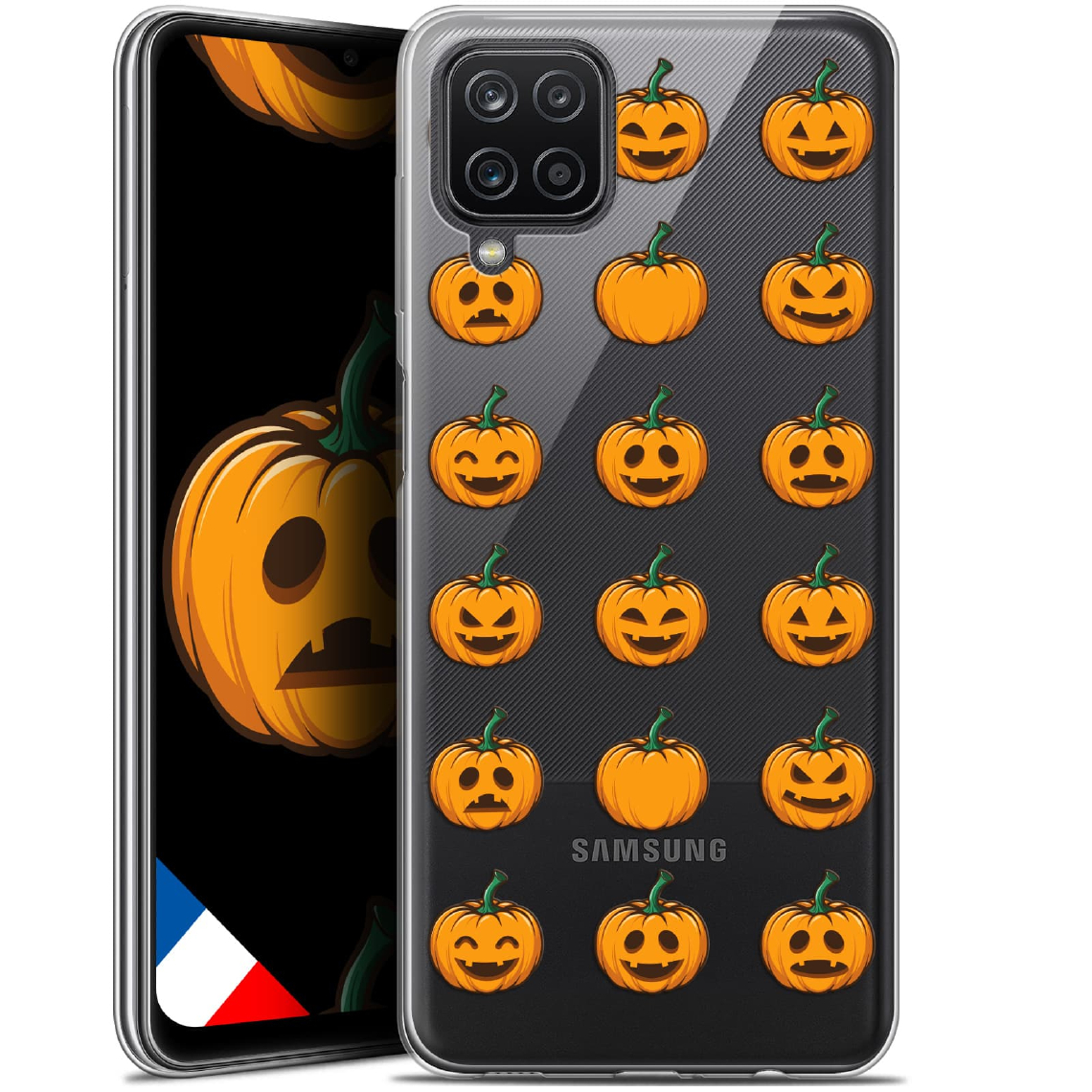 Caseink - Coque Pour Samsung Galaxy A12 (6.5 ) [Gel HD Collection Halloween Design Smiley Citrouille - Souple - Ultra Fin - Imprimé en France] - Coque, étui smartphone