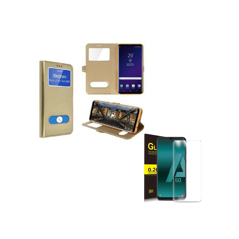 marque generique - Housse Coque Etui Or Dore + Protection Film Ecran Verre Trempe pour Samsung Galaxy A50 - Coque, étui smartphone