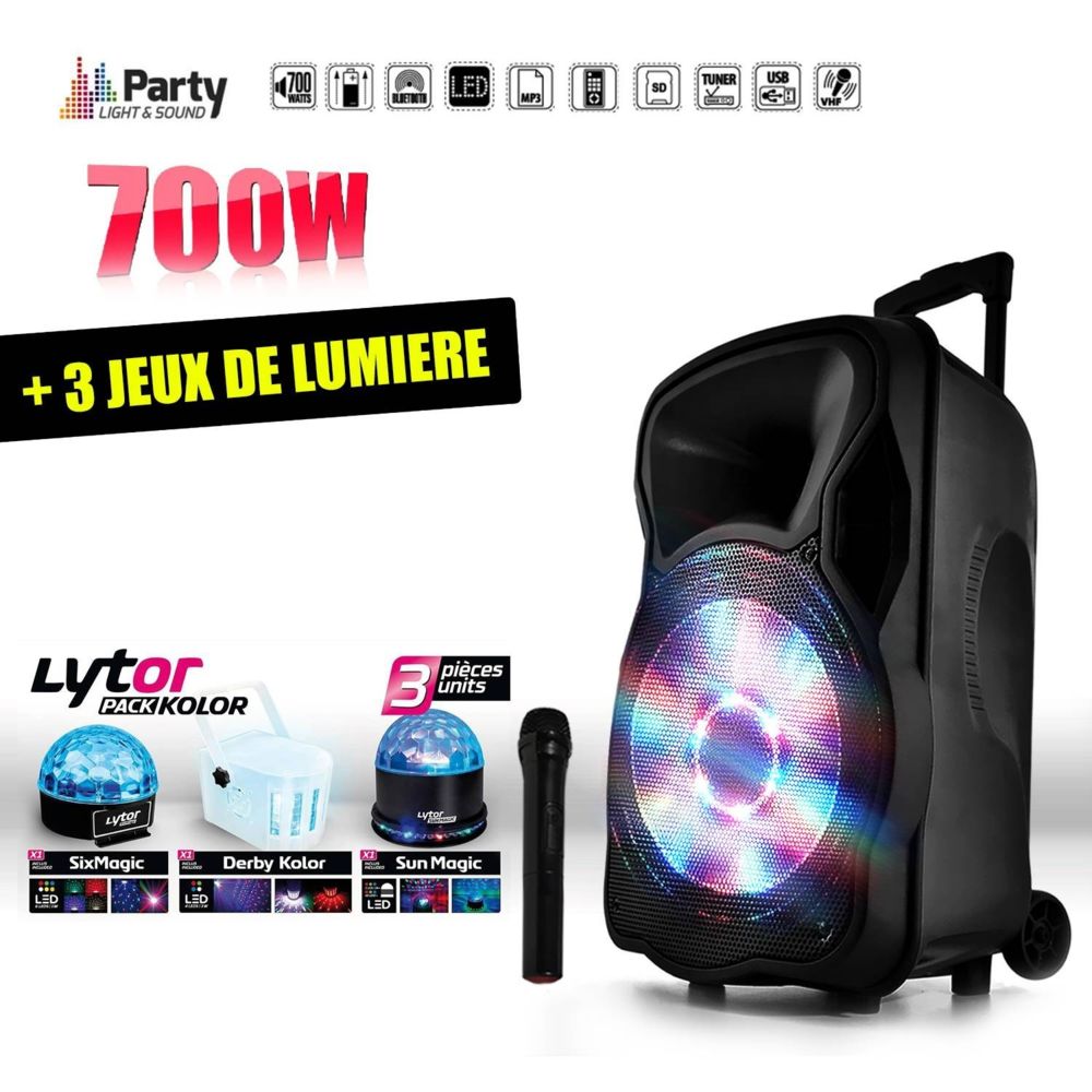 Party Light & Sound - Enceinte mobile amplifiée 700W 12"" LED/USB/BT/SD/FM + Micro + Pack Kolor Lytor - Retours de scène