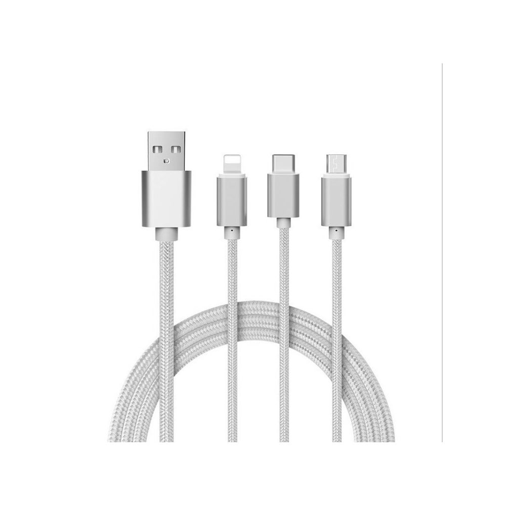 Shot - Cable 3 en 1 Pour SAMSUNG Galaxy J7 2016 Android, Apple & Type C Adaptateur Micro USB Lightning 1,5m Metal Nylon (ARGENT) - Chargeur secteur téléphone