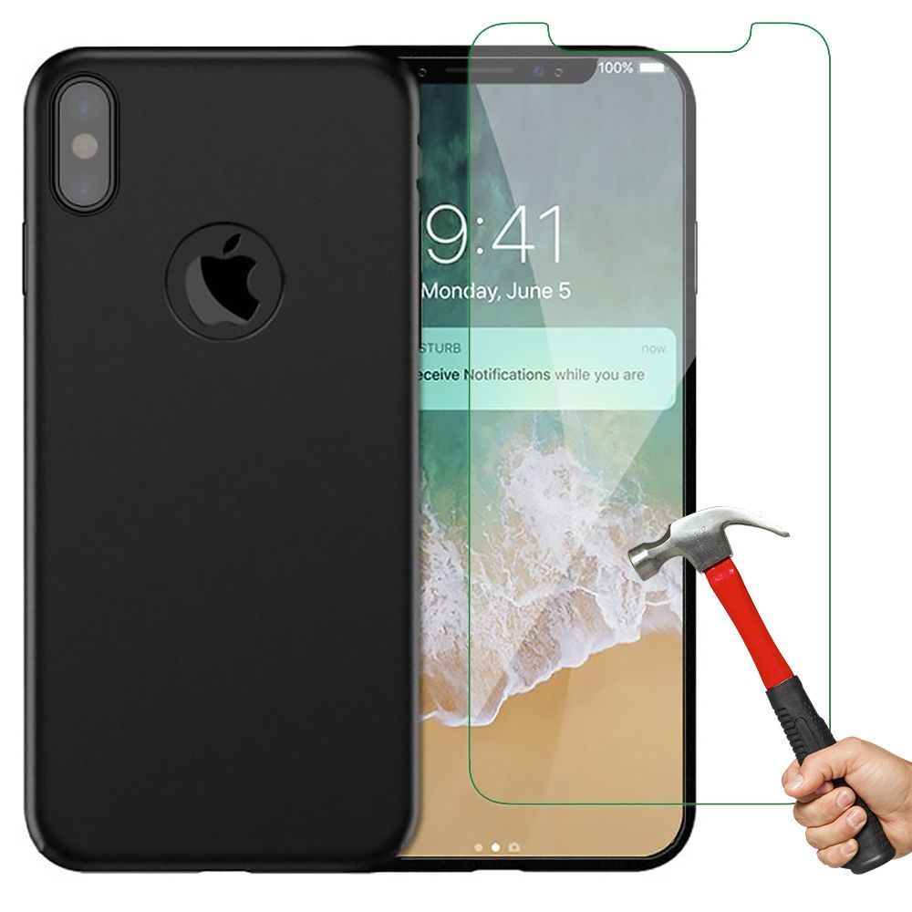E.F.Connection - Coque Compatible avec iPhone X (5,8 pouces) Silicone TPU Housse Mat Noir + Film Protection D'Ecran Verre Trempé - Autres accessoires smartphone