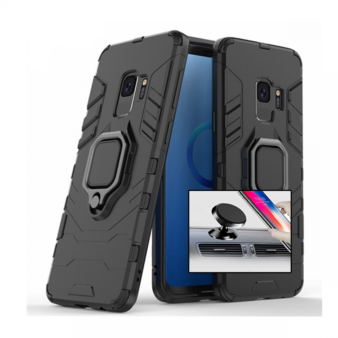 Phonecare - Kit Support Magnétique de Voiture + Coque 3X1 Military Defender - Samsung S9 - Coque, étui smartphone