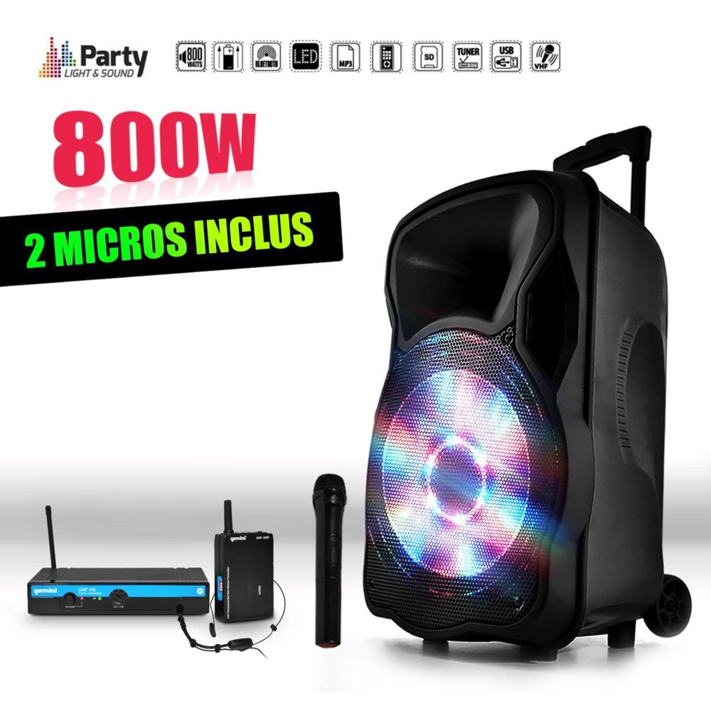 Party Sound - Enceinte sono mobile 800W 15"" LED/USB/BT/SD/FM + Micros sans-fil/serre-tête PARTY15 - Sonorisation portable