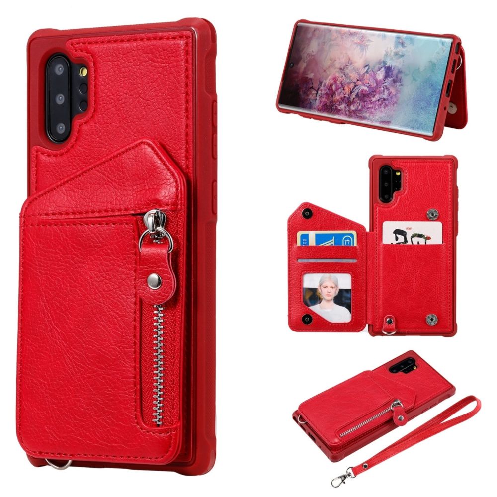 Wewoo - Housse Étui Coque Pour Galaxy Note 10 Plus Dual Buckles Zipper Shockproof Back Cover de protection avec support et fentes cartes et portefeuille et lanière et cadres photo rouge - Coque, étui smartphone