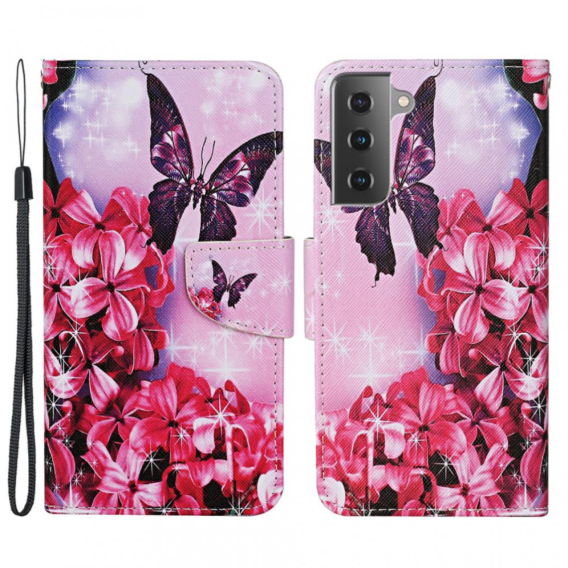 Other - Etui en PU Impression de motifs avec support et cordon fleur rouge et papillon pour votre Samsung Galaxy S21 FE - Coque, étui smartphone