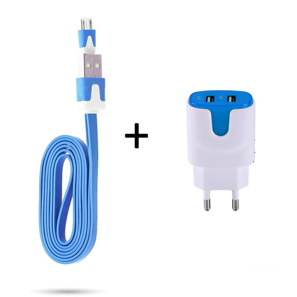 Shot - Pack Chargeur pour WIKO View 2 Smartphone Micro-USB (Cable Noodle 1m Chargeur + Double Prise Secteur Couleur USB) Android (BLEU) - Chargeur secteur téléphone