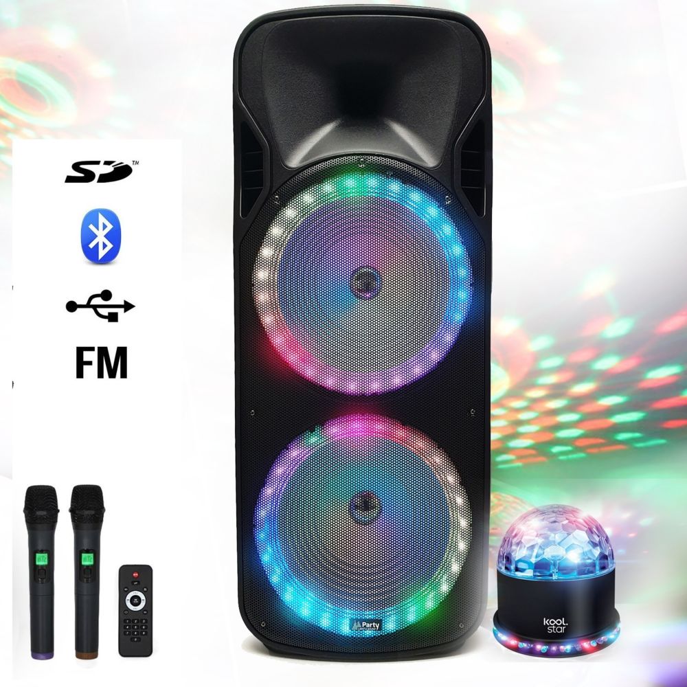 Party Sound - Enceinte autonome double boomer 38cm 900W - USB/SD/MicroSD/BT/RADIO FM + 2 micros sans fil + jeu de lumière Sunmagic - Packs sonorisation