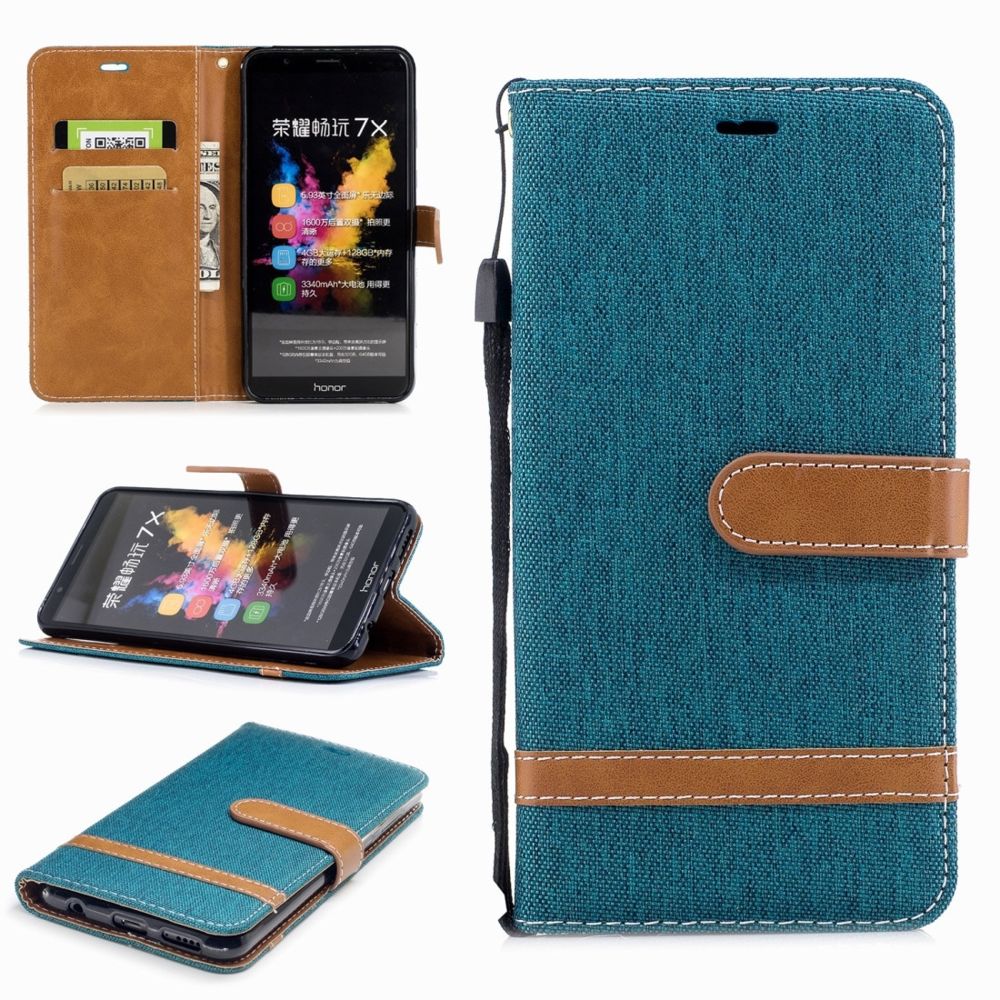 Wewoo - Housse Coque Étui en cuir à texture de denim de couleur assortie pour Huawei Honor 7Xavec support et fentes cartes et portefeuille et lanière vert - Coque, étui smartphone