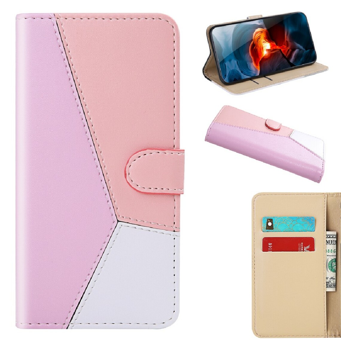 Other - Etui en PU épissage tricolore magnétique avec support rose pour votre Samsung Galaxy F41 - Coque, étui smartphone