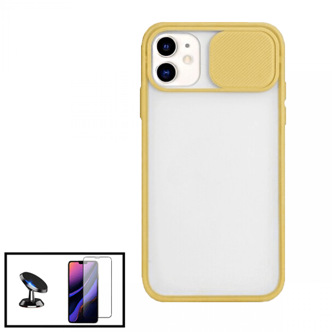 Phonecare - Kit Coque avec fenetre anti-choc mat + Film de Verre Trempé 5D à Couverture Complète + Support Magnétique de Voiture pour iPhone SE 2020 - Jaune - Coque, étui smartphone