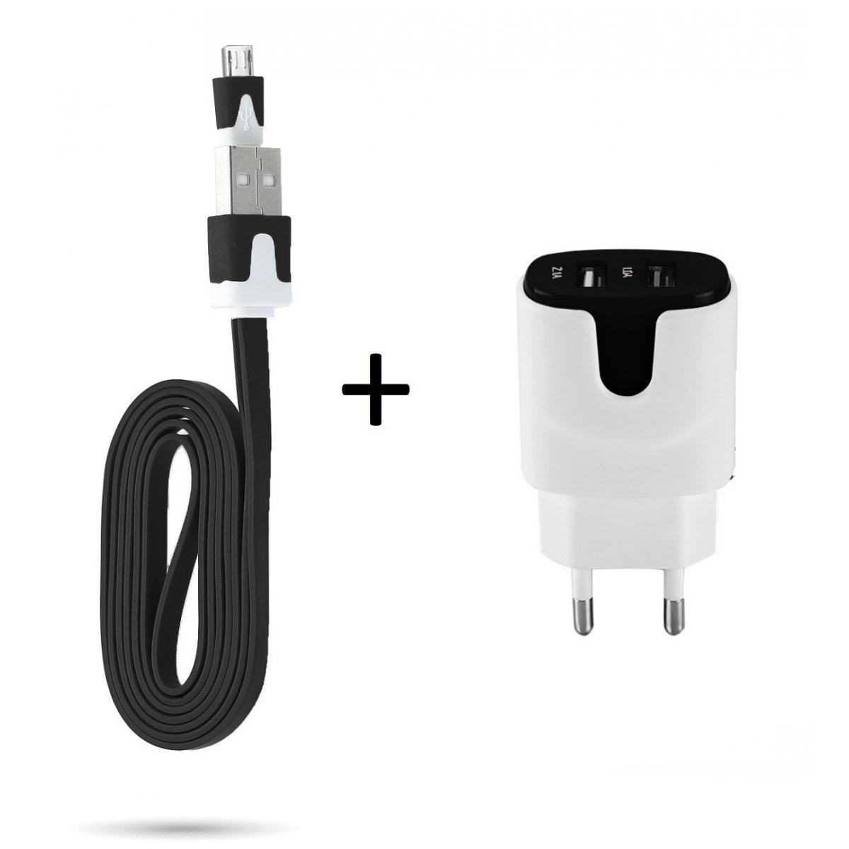 Shot - Pack Chargeur pour ALCATEL 1 2019 Smartphone Micro USB (Cable Noodle 1m Chargeur + Double Prise Secteur Couleur USB) (NOIR) - Chargeur secteur téléphone