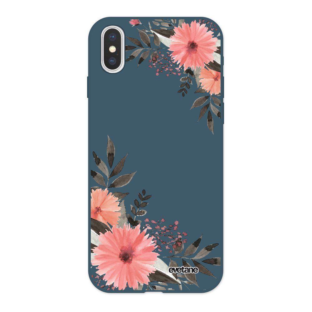 Evetane - Coque iPhone X/ Xs Silicone Liquide Douce bleu nuit Fleurs roses Ecriture Tendance et Design Evetane - Coque, étui smartphone