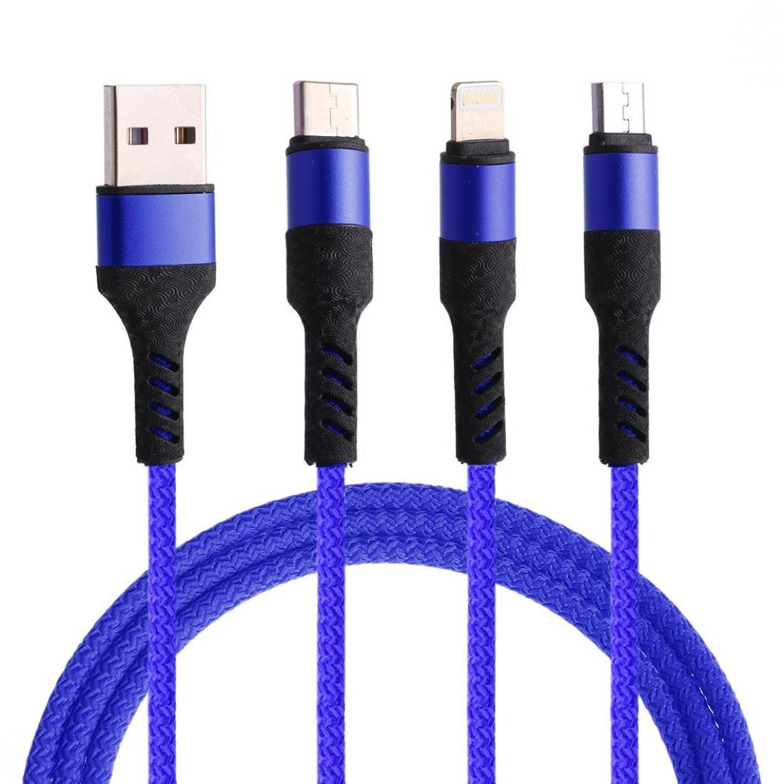 Wewoo - Câble de charge à armure haute vitesse micro USB / iPhone Lightning / Type-C à USB bleu - Chargeur secteur téléphone