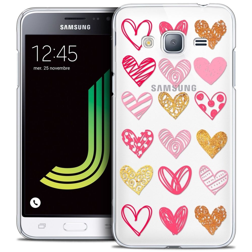 Caseink - Coque Housse Etui Samsung Galaxy J3 2016 (J320) [Crystal HD Collection Sweetie Design Doodling Hearts - Rigide - Ultra Fin - Imprimé en France] - Coque, étui smartphone