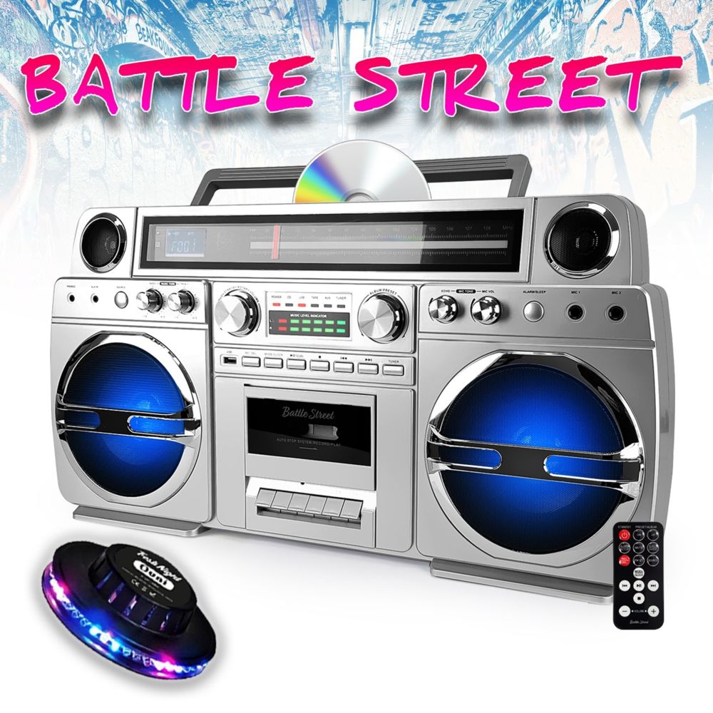 Black Panther - Ghetto-Blaster portable Bluetooth avec lecteur CD / Cassette - 60W - USB - Battle-Street + Light OVNI RVB - Sonorisation portable