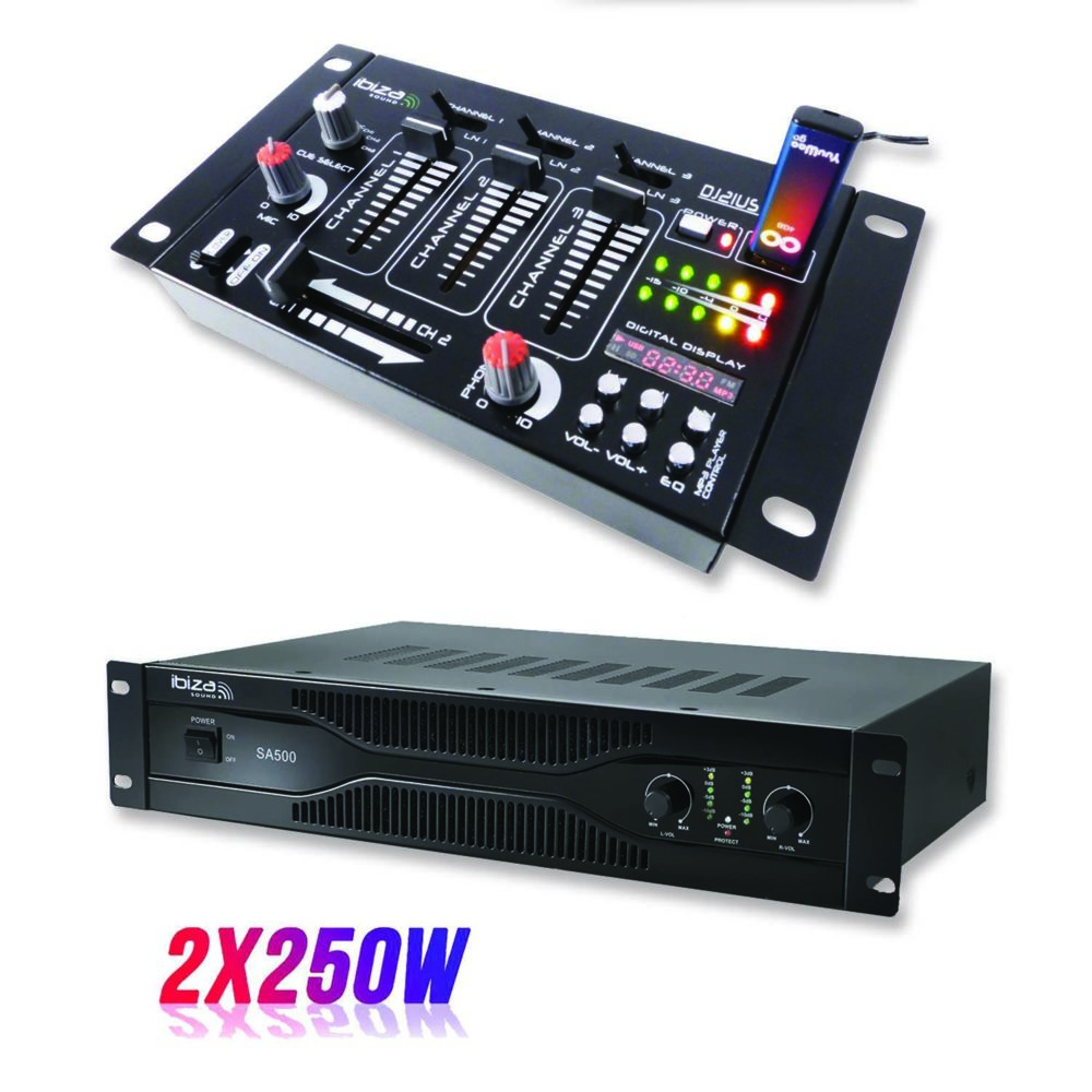 Ibiza Sound - Pack sonorisation amplificateur 500W SA500 + Table de mixage 4 voies 7 entrées DJ21USBMKII - Packs sonorisation