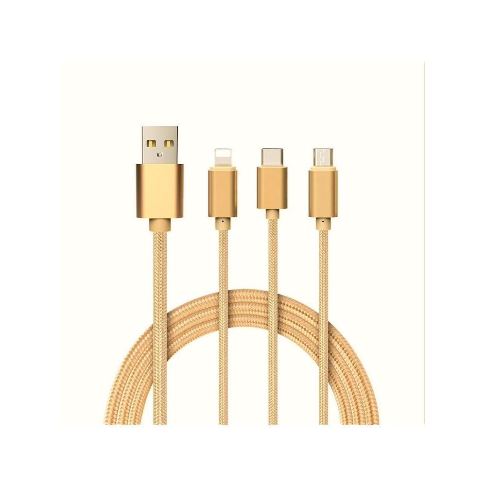 Shot - Cable 3 en 1 Pour ARCHOS 133 Oxygen Android, Apple & Type C Adaptateur Micro USB Lightning 1,5m Metal Nylon (OR) - Chargeur secteur téléphone