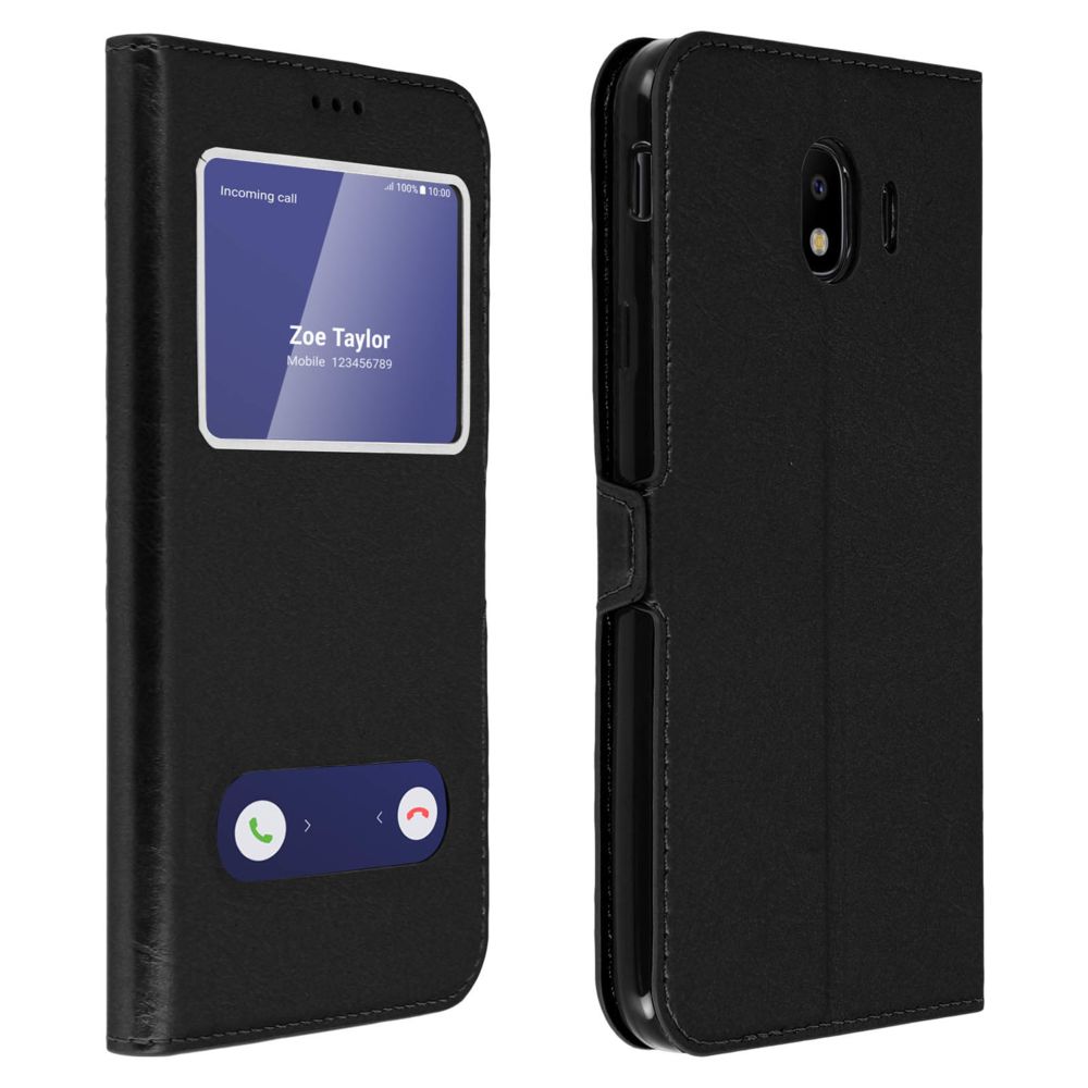 Avizar - Housse Samsung Galaxy J4 Etui Clapet 2x Fenêtre Coque Silicone Gel - Noir - Coque, étui smartphone