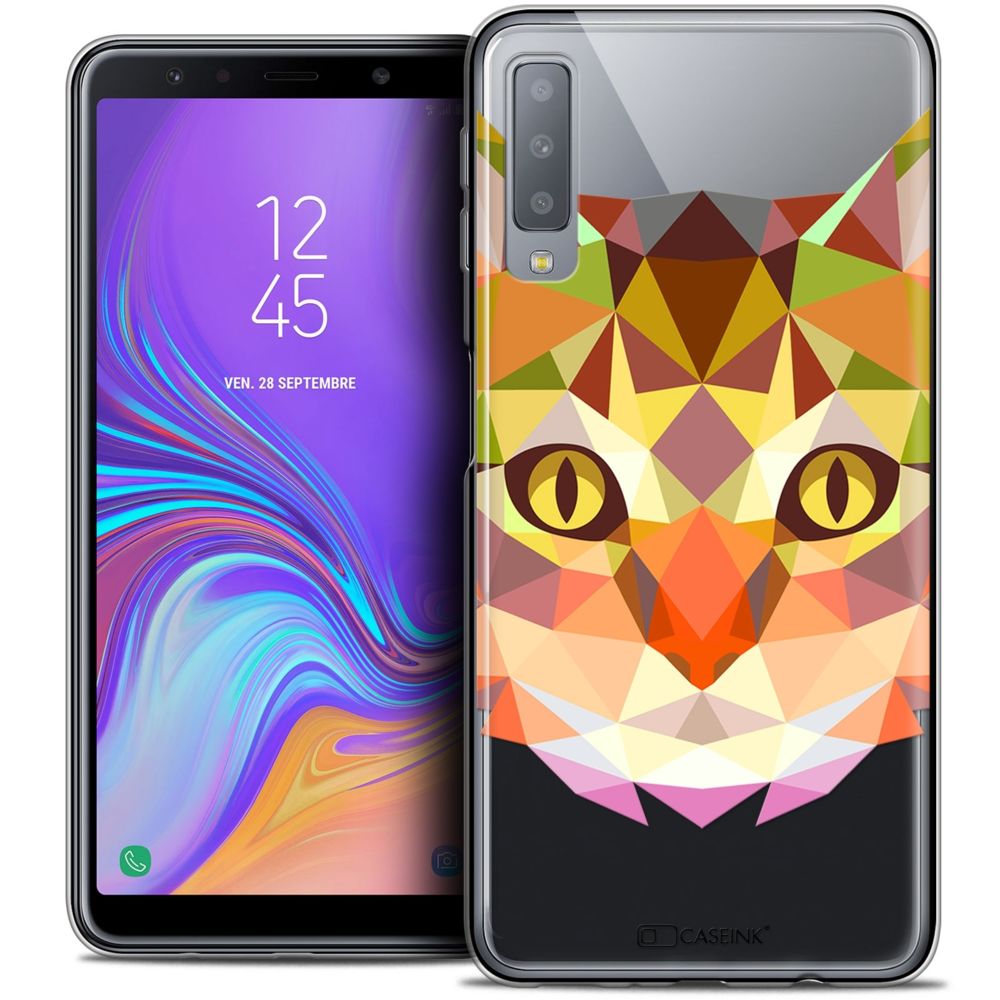 Caseink - Coque Housse Etui Pour Samsung Galaxy A7 (2018) A750 (6 ) [Crystal Gel HD Polygon Series Animal - Souple - Ultra Fin - Imprimé en France] Chat - Coque, étui smartphone