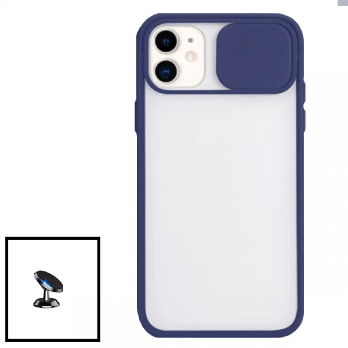 Phonecare - Kit Coque avec fenetre anti-choc mat + Support Magnétique de Voiture pour iPhone 12 Mini - Bleu foncé - Coque, étui smartphone