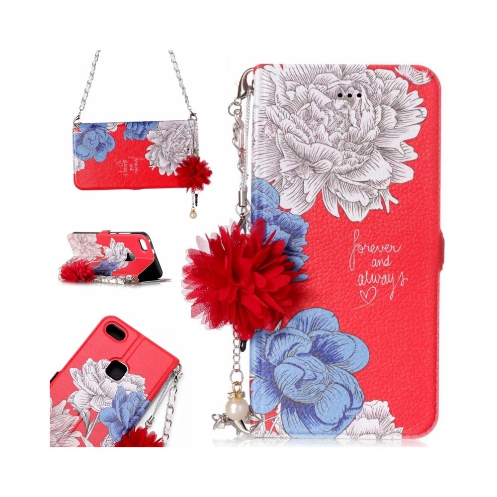 Wewoo - Housse Étui rouge pour cartes et fleur perle ornement chaîne Huawei P10 Lite fond motif chrysanthème horizontale flip en cuir avec titulaire emplacements - Coque, étui smartphone