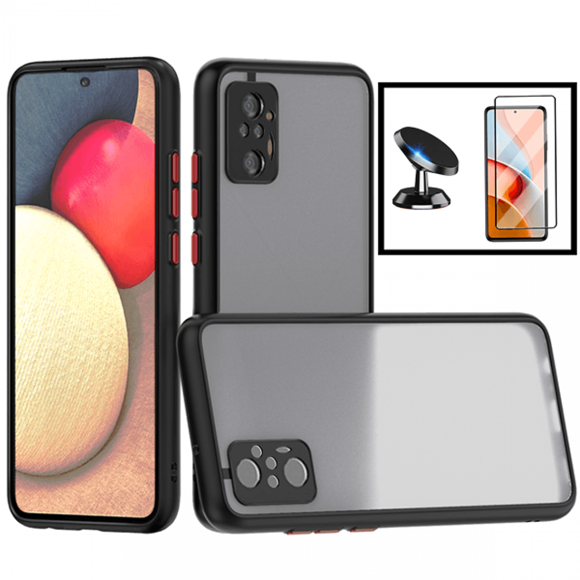 Phonecare - Kit Coque antichoc caméra protection + Film de Verre Trempé 5D à Couverture Complète + Support Magnétique de Voiture pour Xiaomi Redmi Note 10 Pro - noir - Coque, étui smartphone