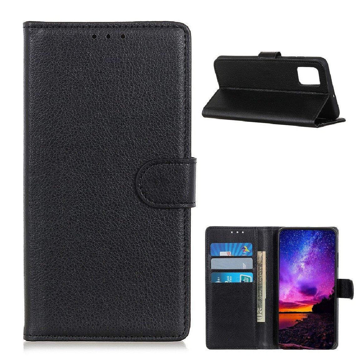 Other - Etui en PU texture de litchi avec support noir pour votre Samsung Galaxy A02s - Coque, étui smartphone