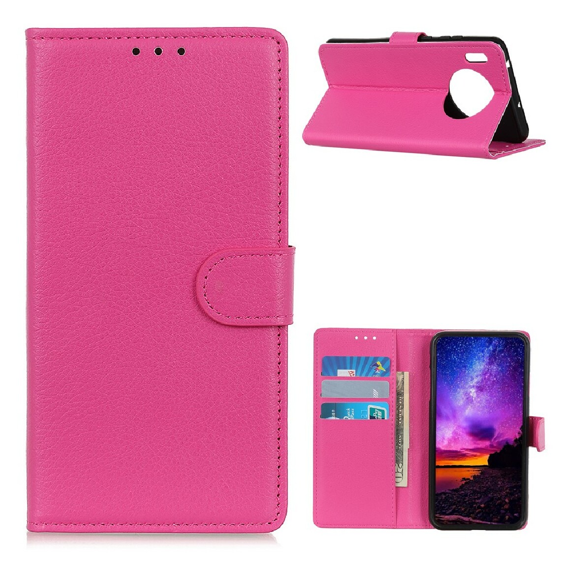 Other - Etui en PU texture de peau de litchi avec support rose pour votre Huawei Y9a - Coque, étui smartphone