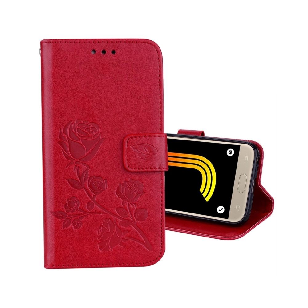 Wewoo - Housse Étui rouge pour Samsung Galaxy J3 2017 / J330 version de l'UE Roses pressé fleur motif horizontal Flip en cuir avec titulaire et fentes cartes porte-monnaie - Coque, étui smartphone