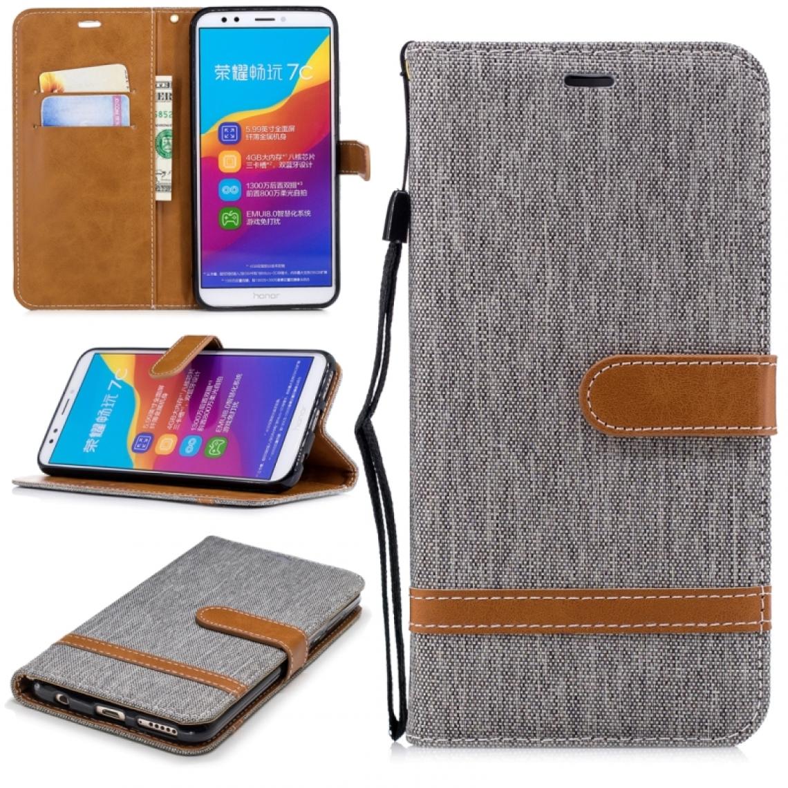 Wewoo - Housse Coque Étui en cuir de couleur assortie à la texture de denim pour Huawei Honor 7C / Enjoy 8avec porte-cartes et & Portefeuille & Lanière Gris - Coque, étui smartphone