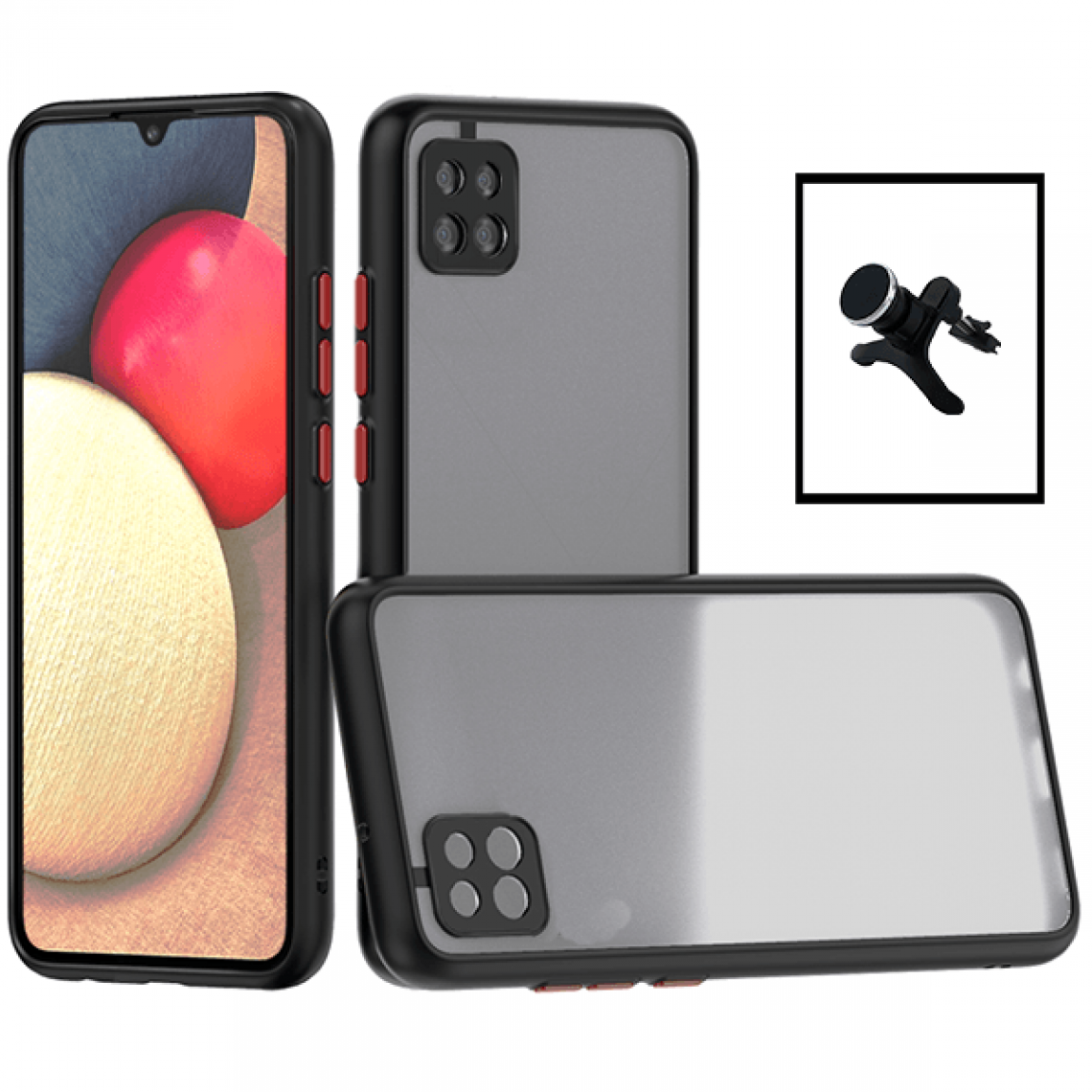 Phonecare - Kit Coque antichoc caméra protection + Support Magnétique de Voiture Renforcé pour Samsung Galaxy A22 - noir - Coque, étui smartphone