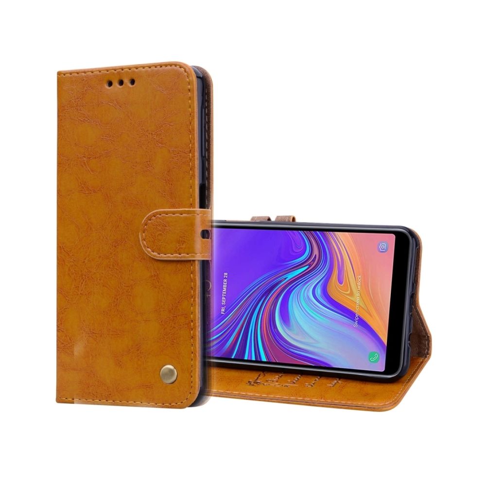 Wewoo - Housse Coque Etui à rabat horizontal en cuir de texture Business Style Oil Wax pour Galaxy A7 (2018), avec support et emplacements pour cartes porte-monnaie (brun clair) - Coque, étui smartphone