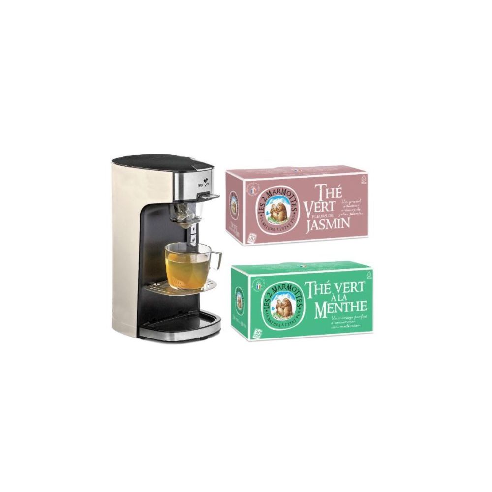 Senya - Senya Set Machine à thé crème Tea Time & Lot de 2 boites de thé Les 2 Marmottes (Thé vert à la menthe & Thé vert aux fleurs de jasmin) - Théière électrique