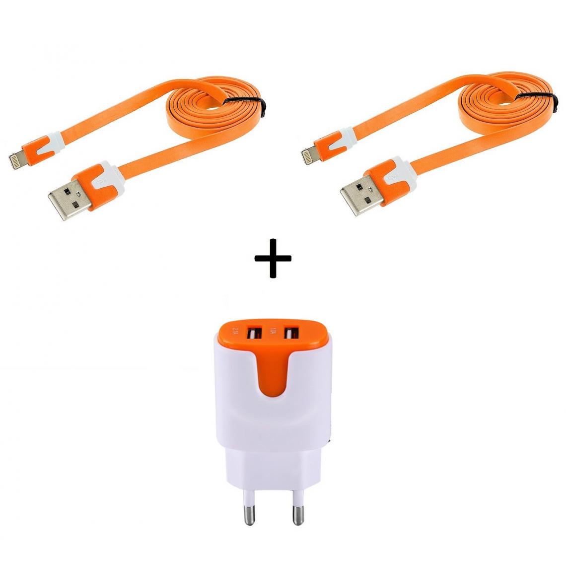 Shot - Pack pour IPHONE 11 Lightning (2 Cables Chargeur Noodle + Double Prise Couleur Secteur) APPLE IOS (ORANGE) - Chargeur secteur téléphone