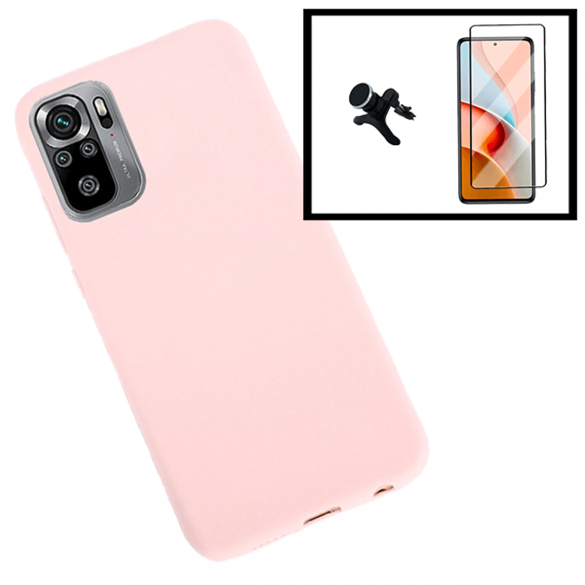 Phonecare - Kit de Film de Verre Trempé 5D à Couverture Complète + Coque en Silicone Liquide + Support Magnetíque pour la voiture renforcée pour Xiaomi Poco M3 Pro - Rose - Coque, étui smartphone
