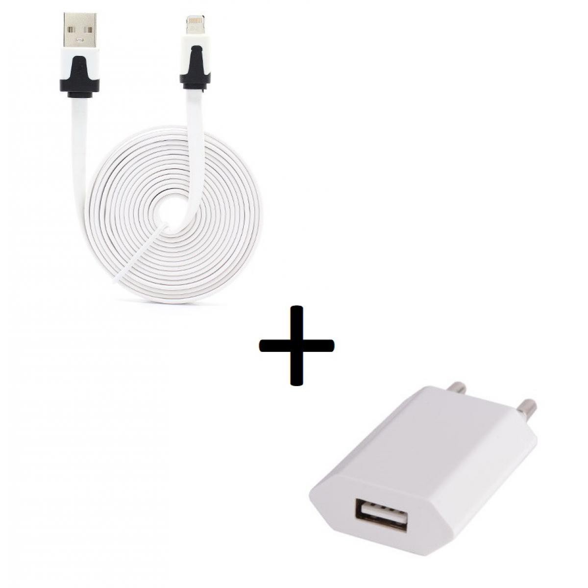 Shot - Pack Chargeur pour IPHONE 11 Lightning (Cable Noodle 3m + Prise Secteur Couleur USB) APPLE IOS (BLANC) - Chargeur secteur téléphone