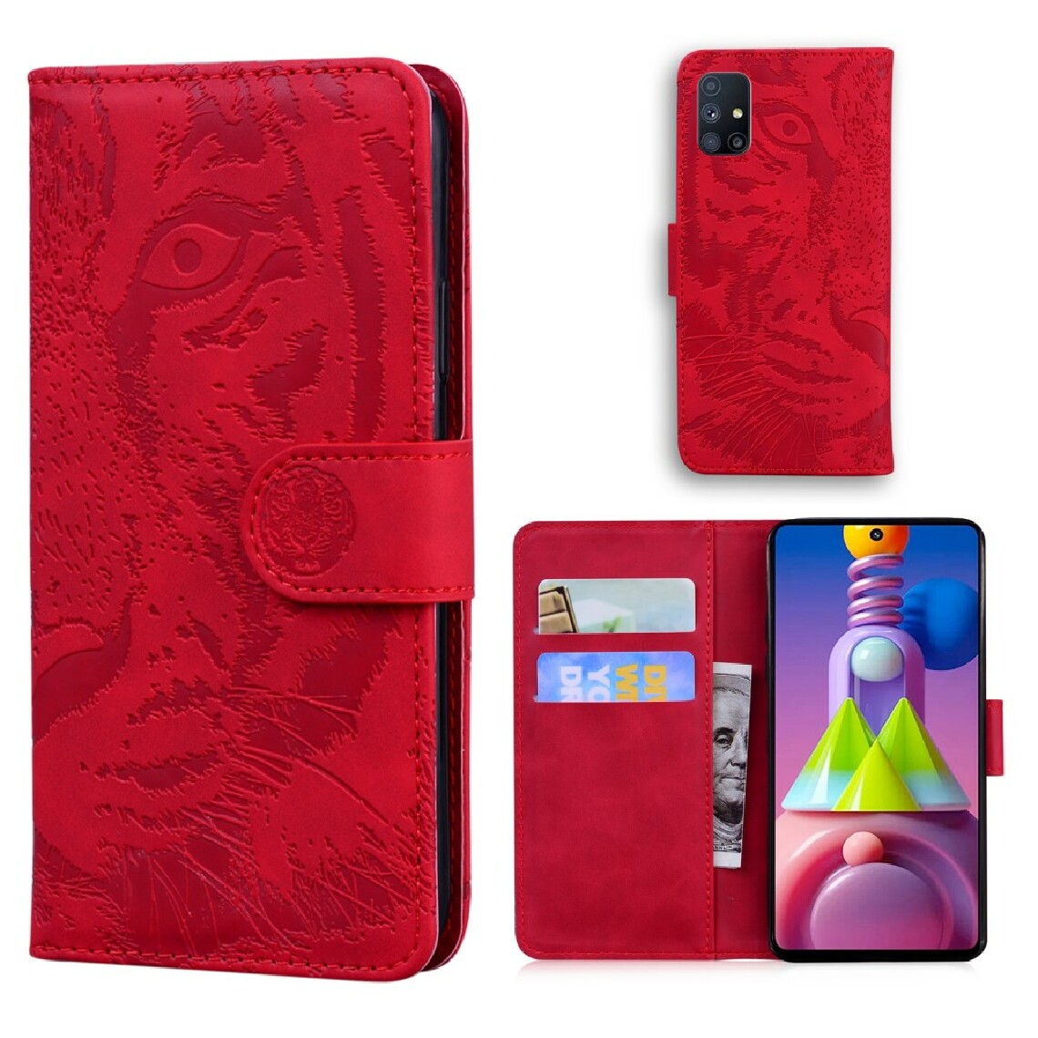 Other - Etui en PU visage de tigre imprimé avec support rouge pour votre Samsung Galaxy M51 (Side Fingerprint Version) - Coque, étui smartphone