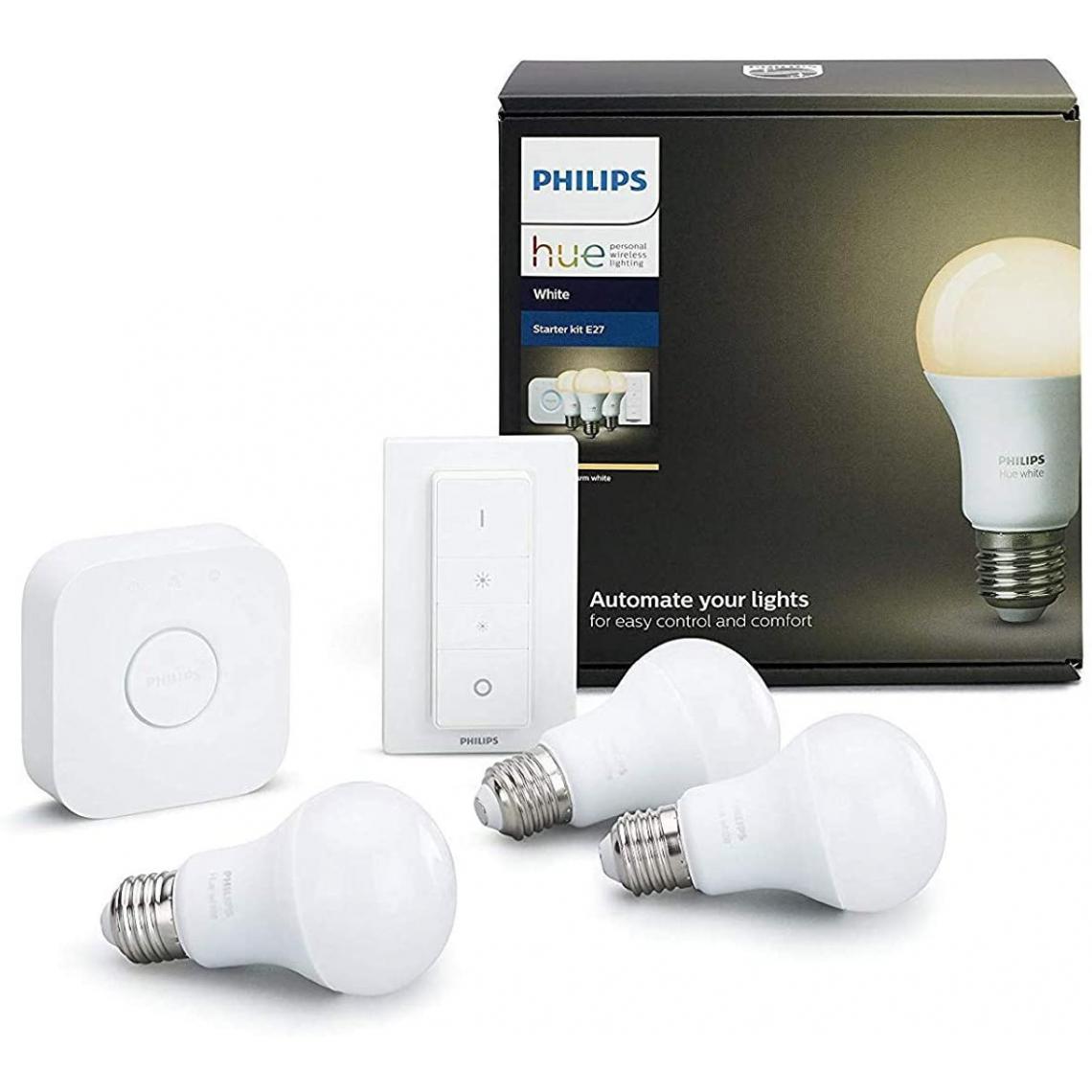 Philips - Kit de démarrage 3 ampoules White E27 + pont de connexion + télécommande Hue incluse (Nouveau) Blanc Fonctionne avec Alexa 1800443 [Classe énergétique A+] - Lampe connectée