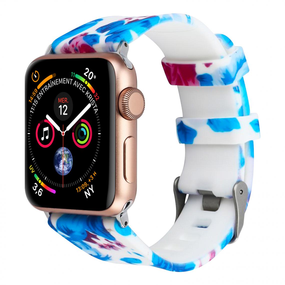 Avizar - Bracelet Apple Watch 42 et 44 mm Motifs Fleuris en Silicone - Blanc et Bleu - Accessoires Apple Watch