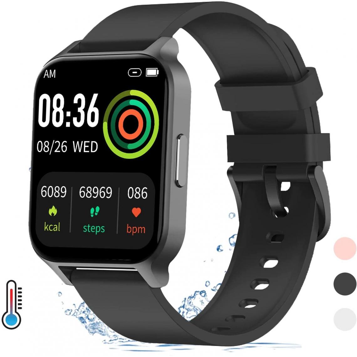 Chronotech Montres - Smart Watch, 1.69 inch Fitness Smartwatch Body Temperature with Heart Rate Sleep Monitor, Pedometer Smart Watch for Women Men IP68 Waterproof Smartwatch 24 Mode Sports for iOS Android (black) - Montre connectée