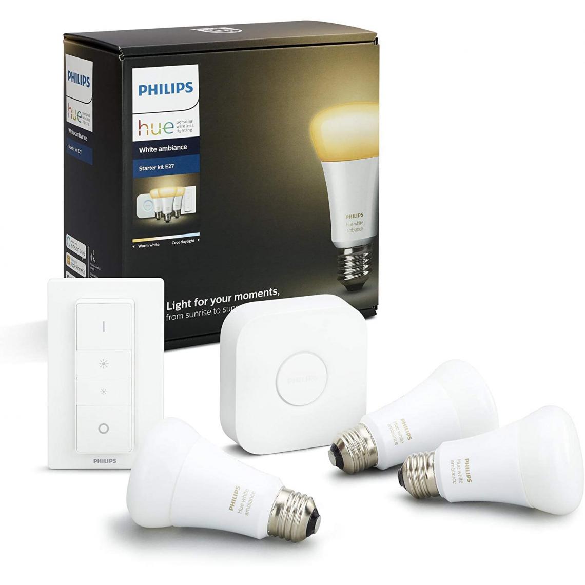 Philips - Kit de démarrage 3 ampoules White Ambiance E27 + pont de connexion et télécommande Hue incluse (Nouveau) 8718696728925 [Classe énergétique A+] - Lampe connectée