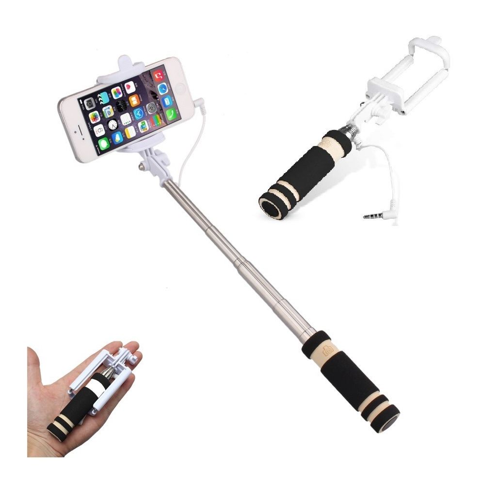 Shot - Mini Selfie Stick pour Smartphone Perche Android IOS Reglable Bouton Photo Cable Jack Noir - Autres accessoires smartphone