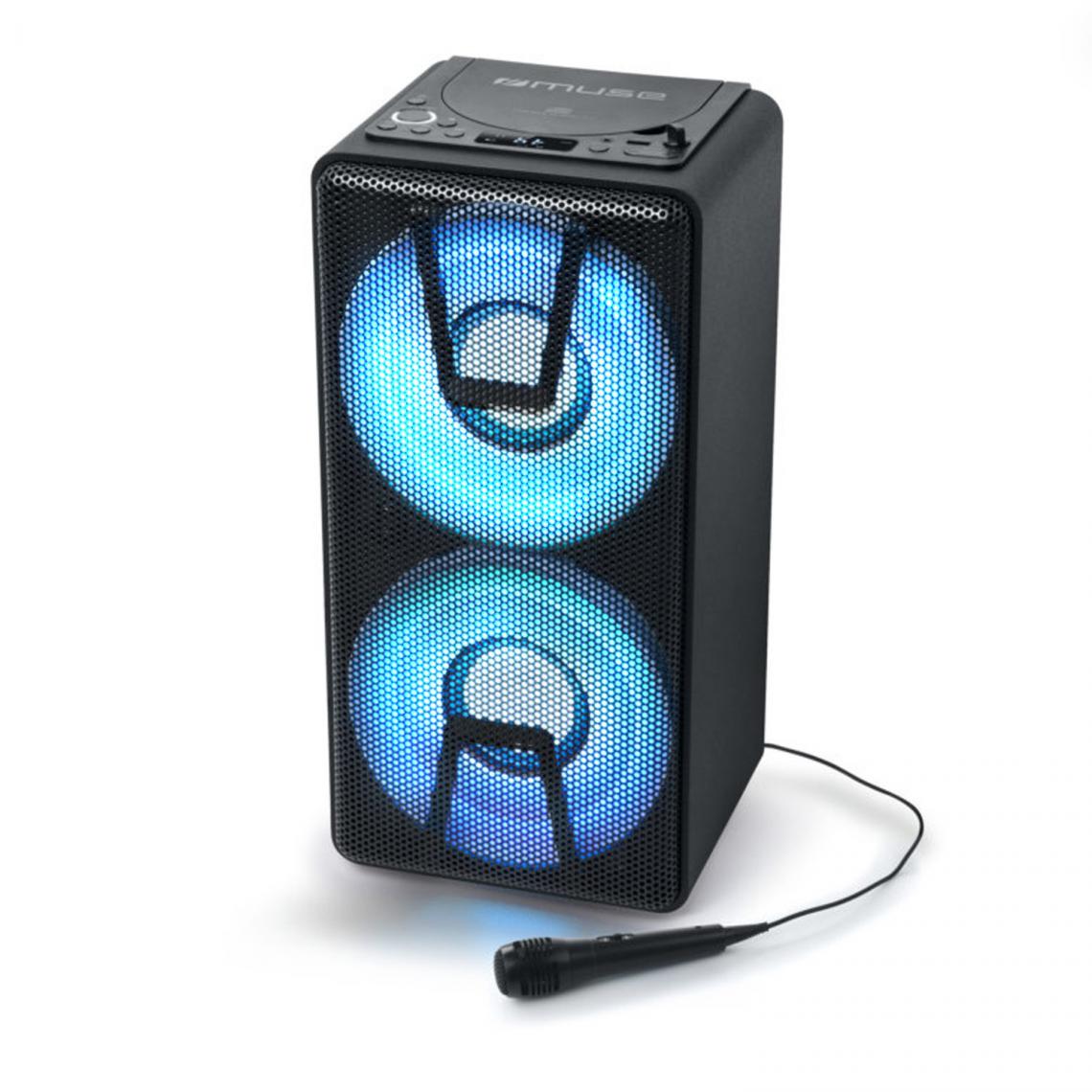 Muse - Enceinte autonome à LED Party box portable avec lecteur CD + Micro - BT/CD/AUX/USB - 150W - Retours de scène