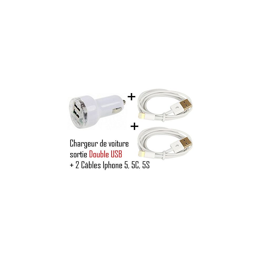 Cabling - CABLING pour Apple iPhone 5, 5c, 5s compatible avec iOS 7 - DEUX cables pour Apple Lightning câbles 8 broches + un chargeur voiture allume cigare double USB - Batterie téléphone