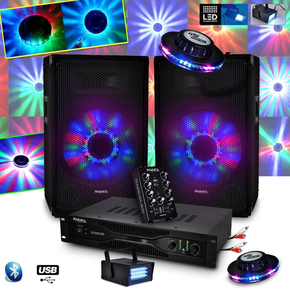 Ibiza Sound - Kit Sono IBIZA DJ350LED 10"" 2X250W + Table mixage USB/BT + Ampli + Micro + 2 effets OVNI LED + Strobe - Packs sonorisation