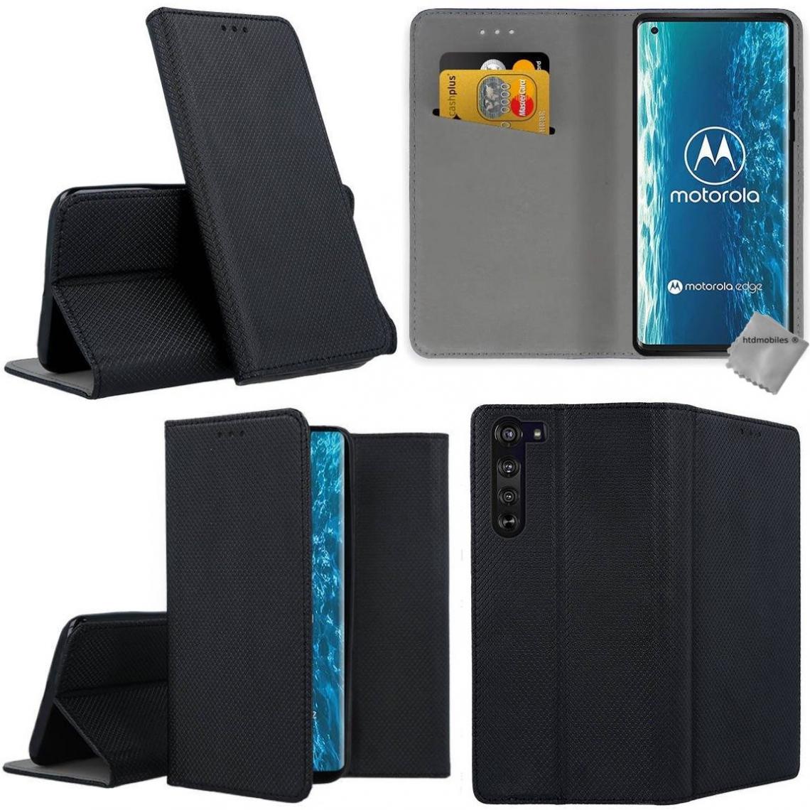 Htdmobiles - Housse etui coque pochette portefeuille pour Motorola Edge + verre trempe - NOIR MAGNET - Coque, étui smartphone
