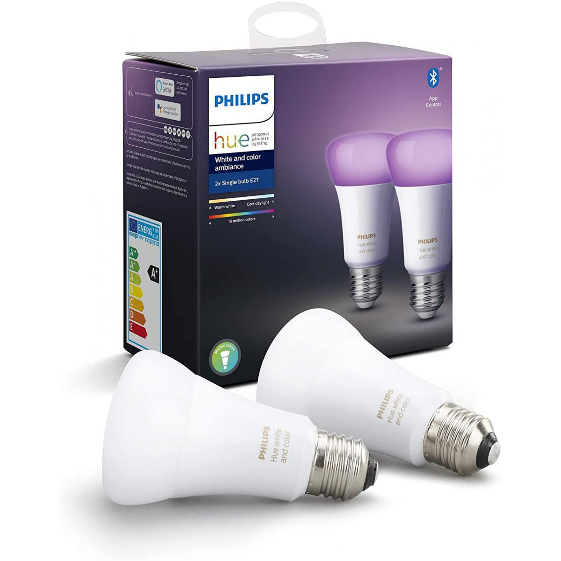 Philips - ampoules LED Connectées White & Color Ambiance E27 Compatible Bluetooth avec fonctionne avec Alexa Pack de 2 [Classe énergétique A+] - Lampe connectée