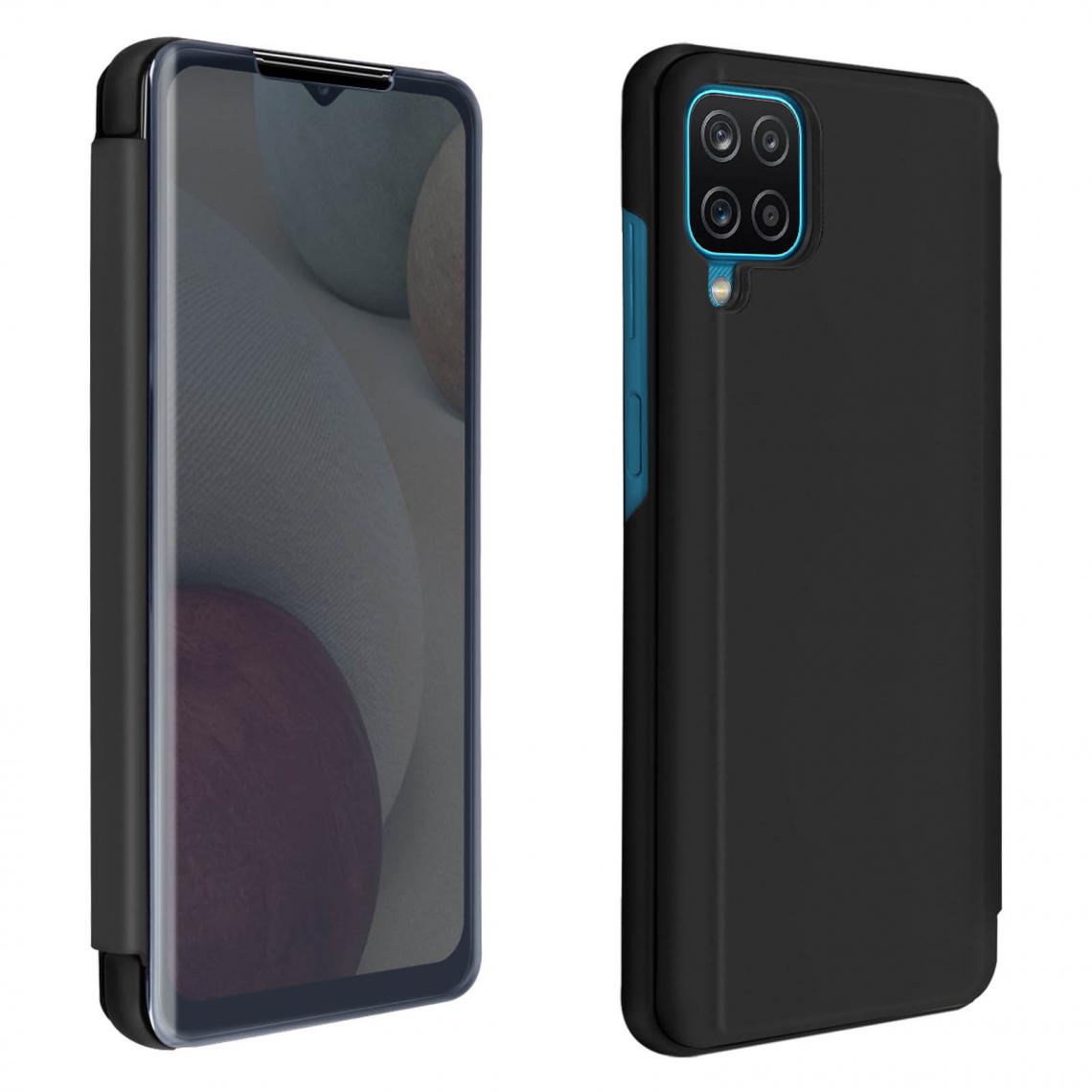 Avizar - Housse Samsung Galaxy A12 Clapet translucide Design Miroir Support Vidéo noir - Coque, étui smartphone
