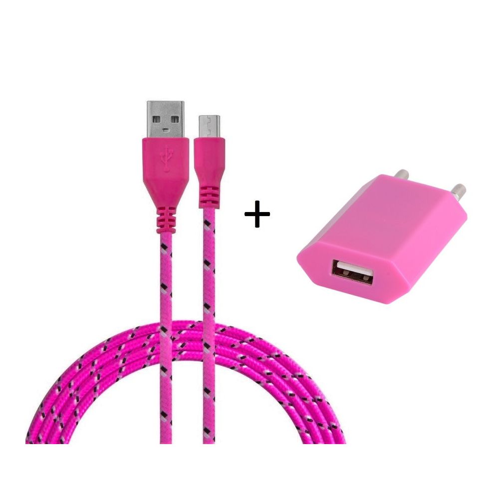 Shot - Pack Chargeur pour ALCATEL 1 Smartphone Micro-USB (Cable Tresse 3m Chargeur + Prise Secteur USB) Murale Android Universel (ROSE BONBON) - Chargeur secteur téléphone