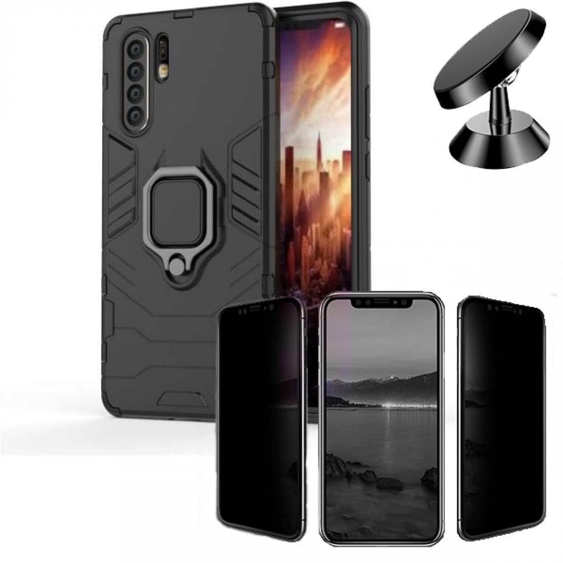 Phonecare - Kit de Verre Trempé 5D Anti-Spy / Intimité + Coque 3X1 Military Defender + Support Magnétique de Voiture - Huawei P30 Lite - Coque, étui smartphone